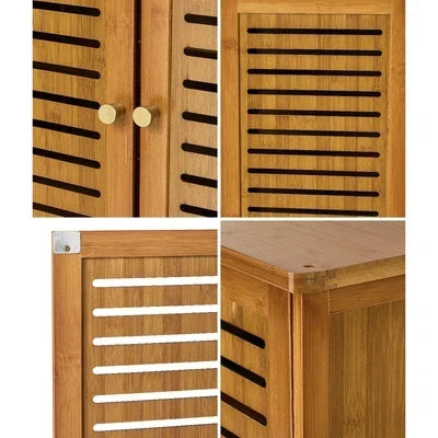 SS-BM-DUAL-4D-BR Oikiture Shoe Storage Cabinet 4 Doors Bamboo Organiser with 2 Bottom Shelf Brown