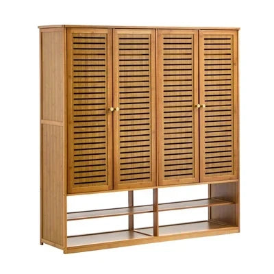 SS-BM-DUAL-4D-BR Oikiture Shoe Storage Cabinet 4 Doors Bamboo Organiser with 2 Bottom Shelf Brown
