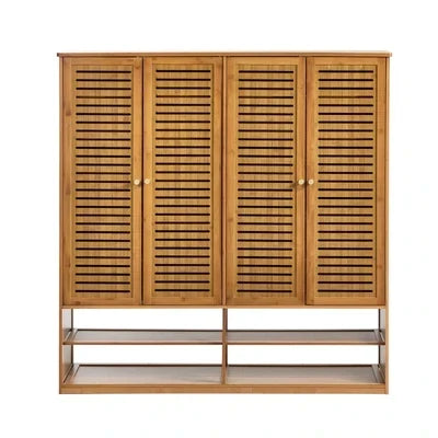 SS-BM-DUAL-4D-BR Oikiture Shoe Storage Cabinet 4 Doors Bamboo Organiser with 2 Bottom Shelf Brown