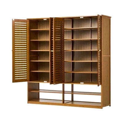 SS-BM-DUAL-4D-BR Oikiture Shoe Storage Cabinet 4 Doors Bamboo Organiser with 2 Bottom Shelf Brown