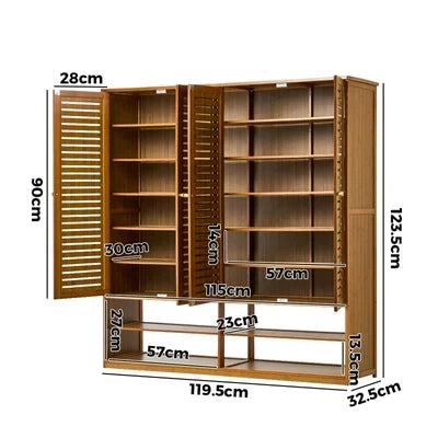 SS-BM-DUAL-4D-BR Oikiture Shoe Storage Cabinet 4 Doors Bamboo Organiser with 2 Bottom Shelf Brown