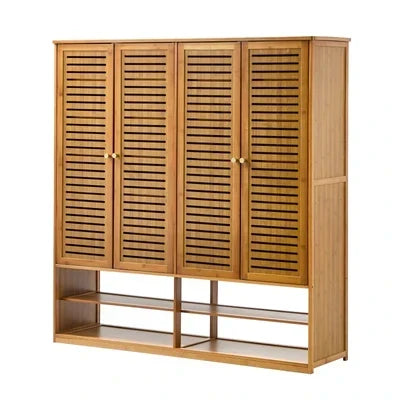 SS-BM-DUAL-4D-BR Oikiture Shoe Storage Cabinet 4 Doors Bamboo Organiser with 2 Bottom Shelf Brown