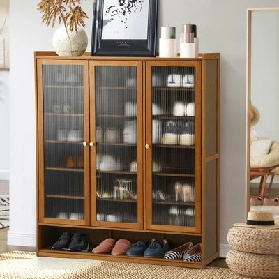 SS-BM-FLUTED-3D-BR Oikiture Shoe Cabinet Shoes Storage Rack Organiser 3 Doors Shelf Brown