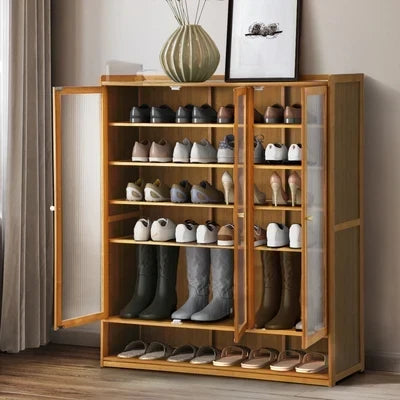 SS-BM-FLUTED-3D-BR Oikiture Shoe Cabinet Shoes Storage Rack Organiser 3 Doors Shelf Brown