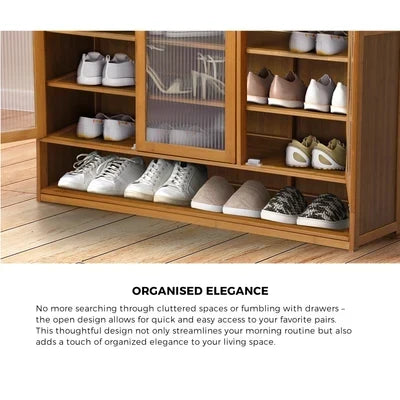 SS-BM-FLUTED-3D-BR Oikiture Shoe Cabinet Shoes Storage Rack Organiser 3 Doors Shelf Brown