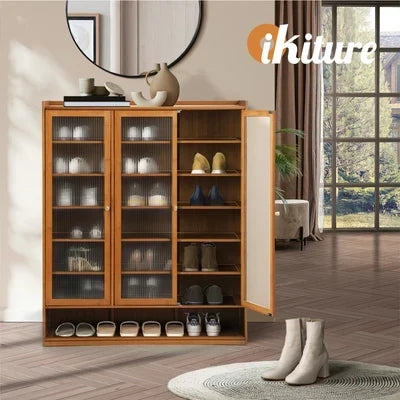 SS-BM-FLUTED-3D-BR Oikiture Shoe Cabinet Shoes Storage Rack Organiser 3 Doors Shelf Brown