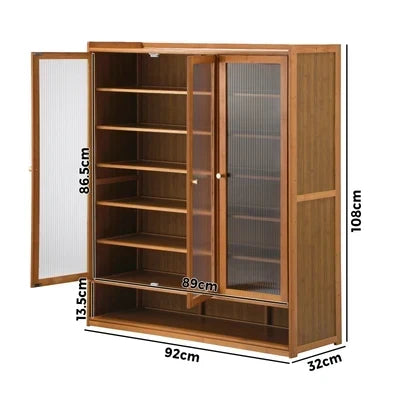 SS-BM-FLUTED-3D-BR Oikiture Shoe Cabinet Shoes Storage Rack Organiser 3 Doors Shelf Brown
