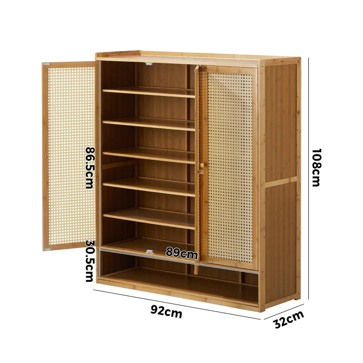 SS-BM-RTN-3D-WD Oikiture Brand New Shoe Cabinet with 3 Rattan Doors 6 Shelves
