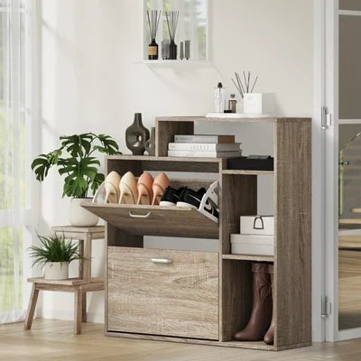 SS-VJ-2ROW-WD Oikiture Shoe Cabinet Storage 2 Doors Shoes Rack Display Wooden with Shelves
