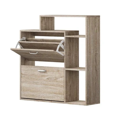 SS-VJ-2ROW-WD Oikiture Shoe Cabinet Storage 2 Doors Shoes Rack Display Wooden with Shelves