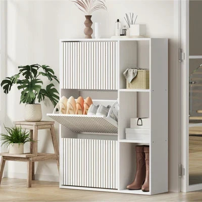 SS-VJ-TICK-3R3S-WH-AB Oikiture Shoe Rack Storage Cabinet with Display Shelves Organiser White