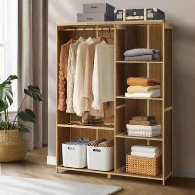WA-BM-CT120-WD Oikiture Open Wardrobe Shelf Unit Clothes Storage 5 Shelves Hanging Rail