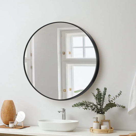 WM-B-ROUND-60-BK Oikiture 60cm Wall Mirrors Round Makeup Mirror Home Decor Black Living Room