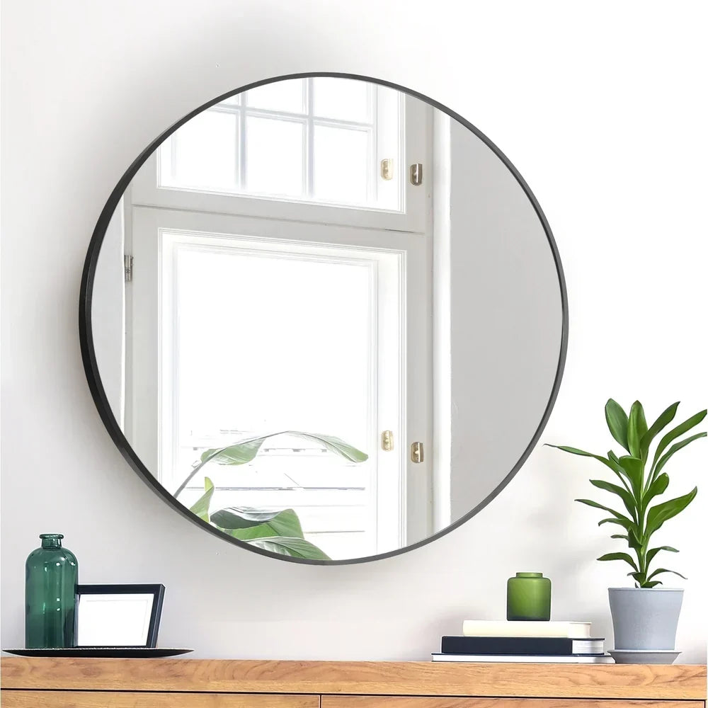WM-B-ROUND-60-BK Oikiture 60cm Wall Mirrors Round Makeup Mirror Home Decor Black Living Room