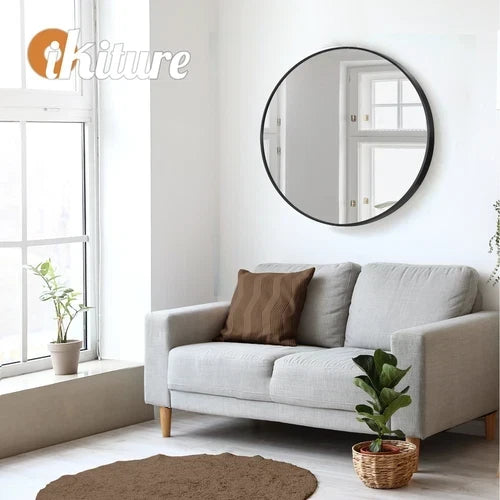 WM-B-ROUND-60-BK Oikiture 60cm Wall Mirrors Round Makeup Mirror Home Decor Black Living Room