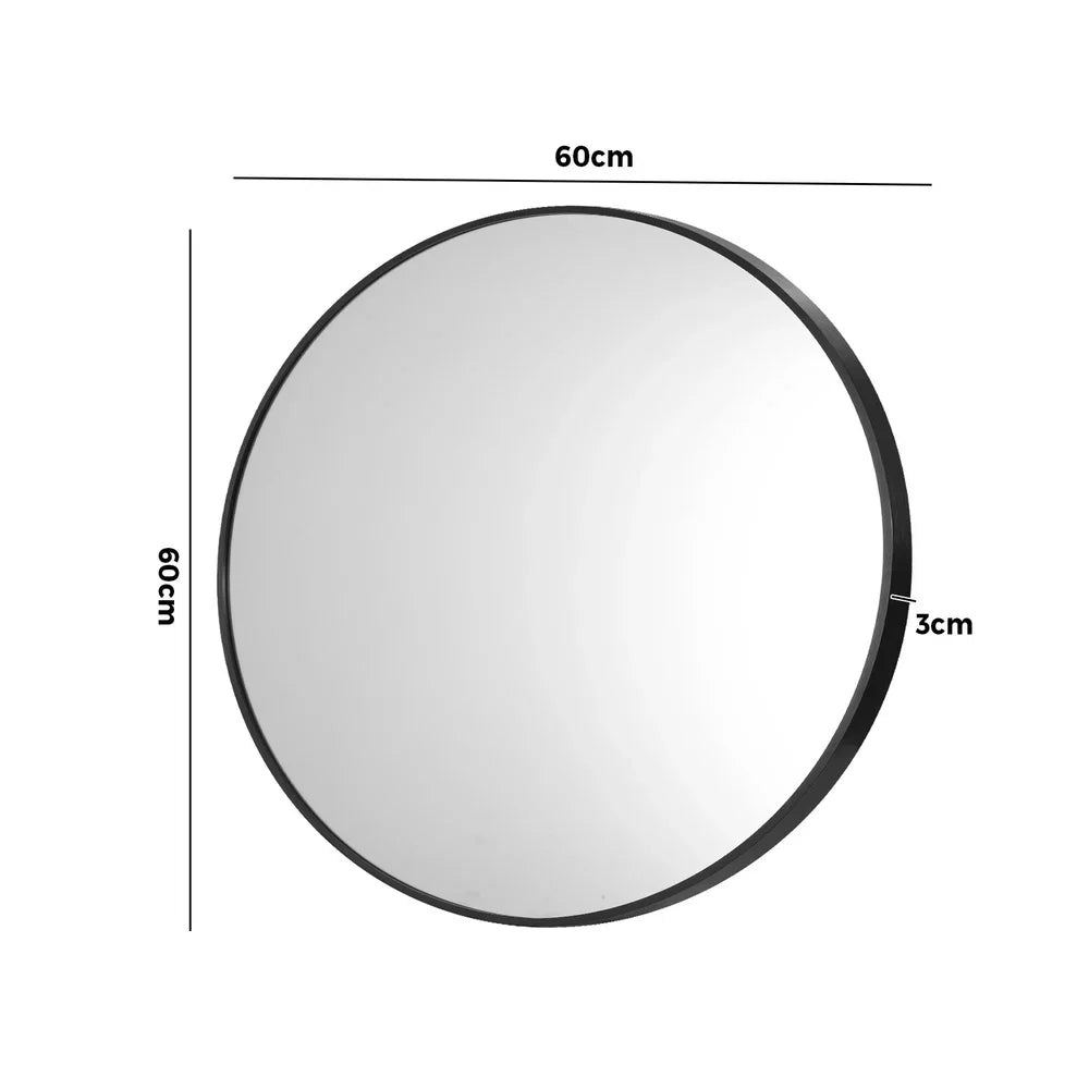WM-B-ROUND-60-BK Oikiture 60cm Wall Mirrors Round Makeup Mirror Home Decor Black Living Room