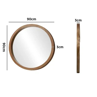 WM-B-ROUND-90-WN Oikiture Wall Mirrors 90cm Round Large Makeup Mirror Bathroom Home Decor Walnut