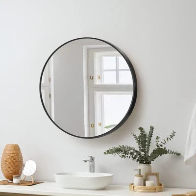 WM-ROUND-50-BK Oikiture Wall Mirrors Round Makeup Mirror Vanity Home Decor 50cm Black Bedroom
