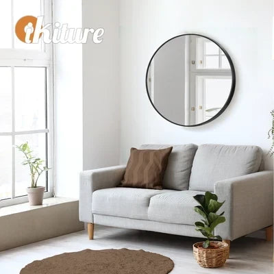 WM-ROUND-50-BK Oikiture Wall Mirrors Round Makeup Mirror Vanity Home Decor 50cm Black Bedroom